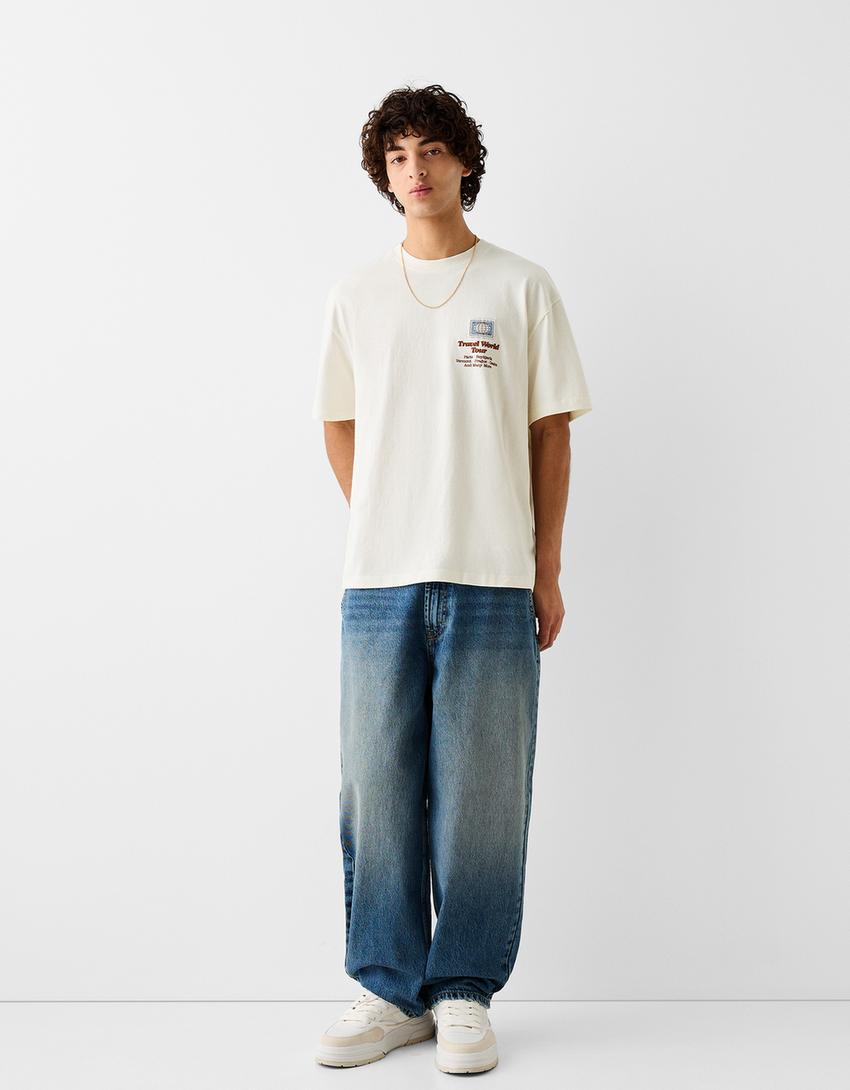 T-shirt manches courtes boxy fit imprimé-Blanc cassé-3