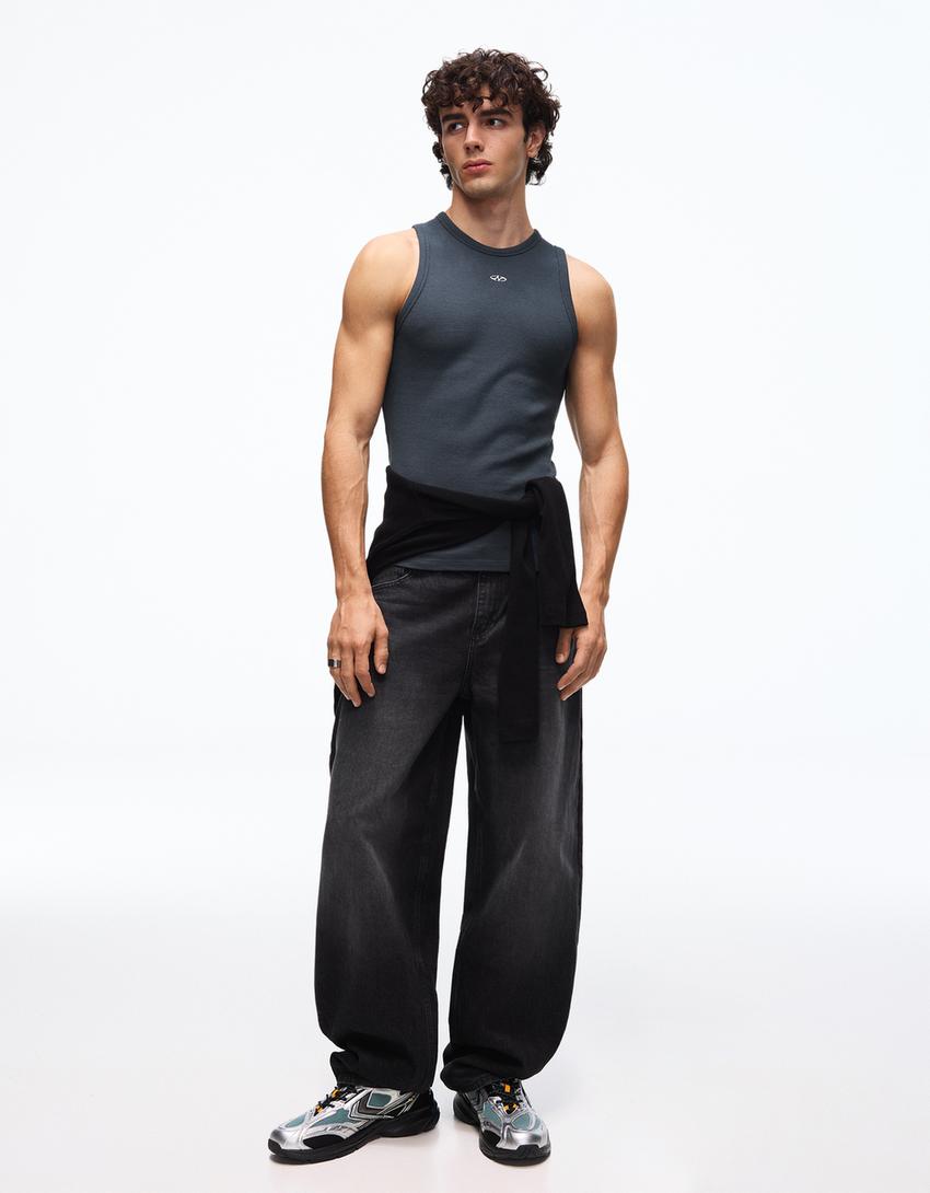 Trägertop mit Waffelstruktur-Print-Blau