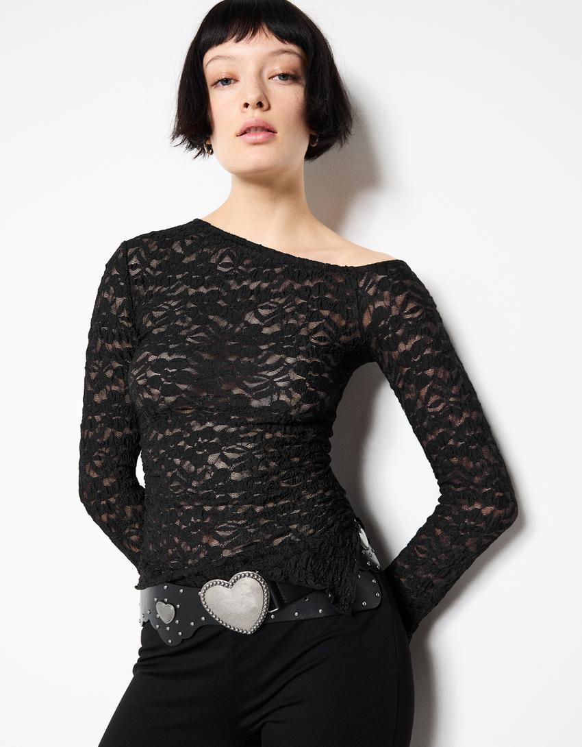 Long sleeve blonde lace top-Black