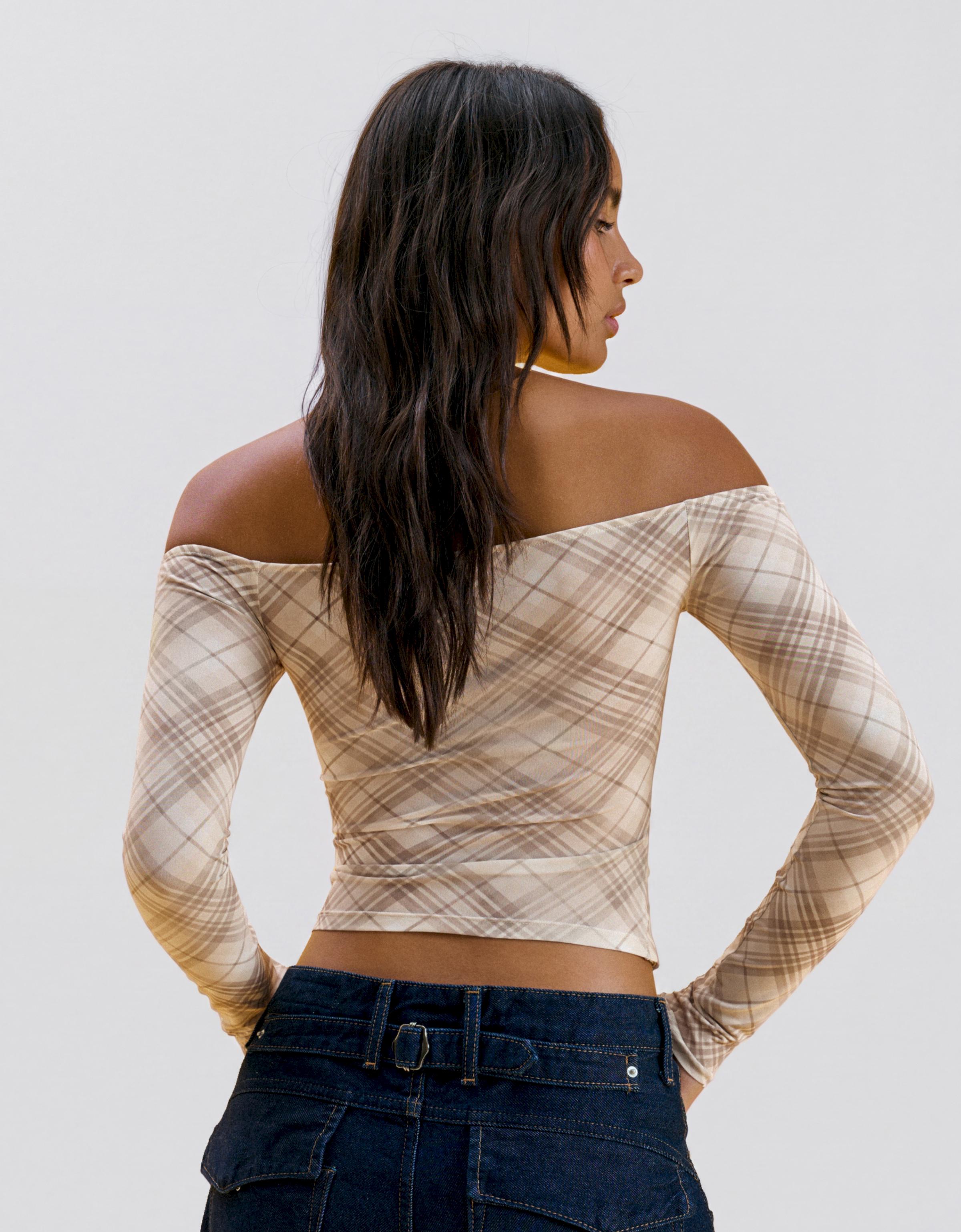 Long sleeve corset lace-up T-shirt — Beige