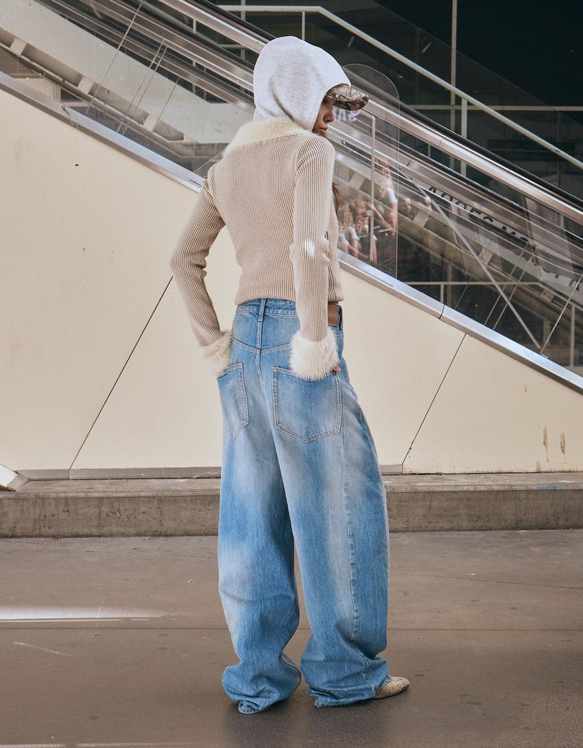 Jeans med brede ben og krydset linning-Lyseblå-1