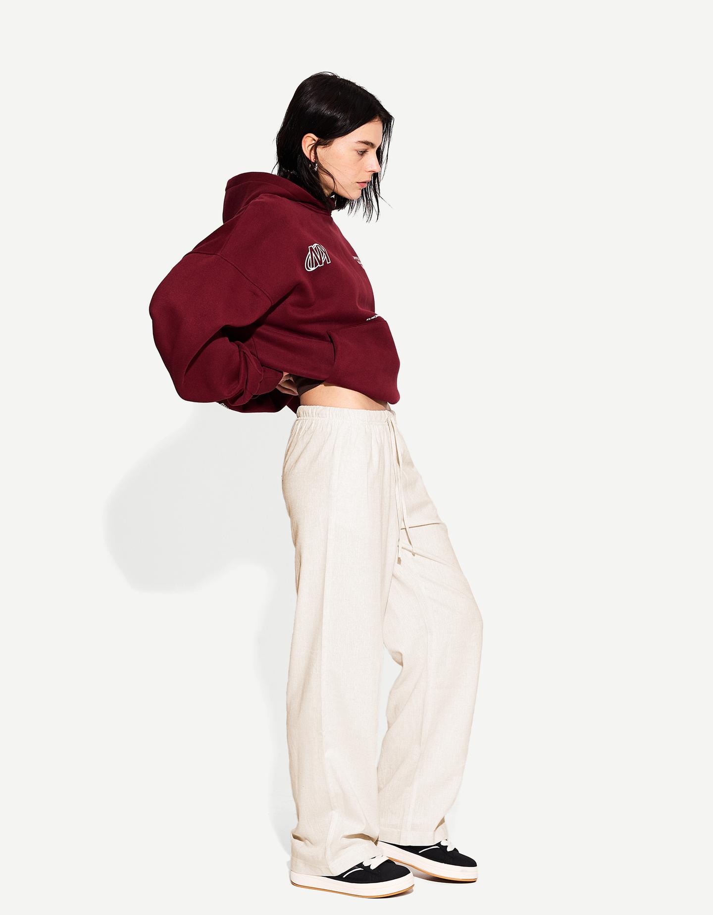 Bershka Pantaloni Misto Lino Con Elastico In Vita Donna L Sabbia