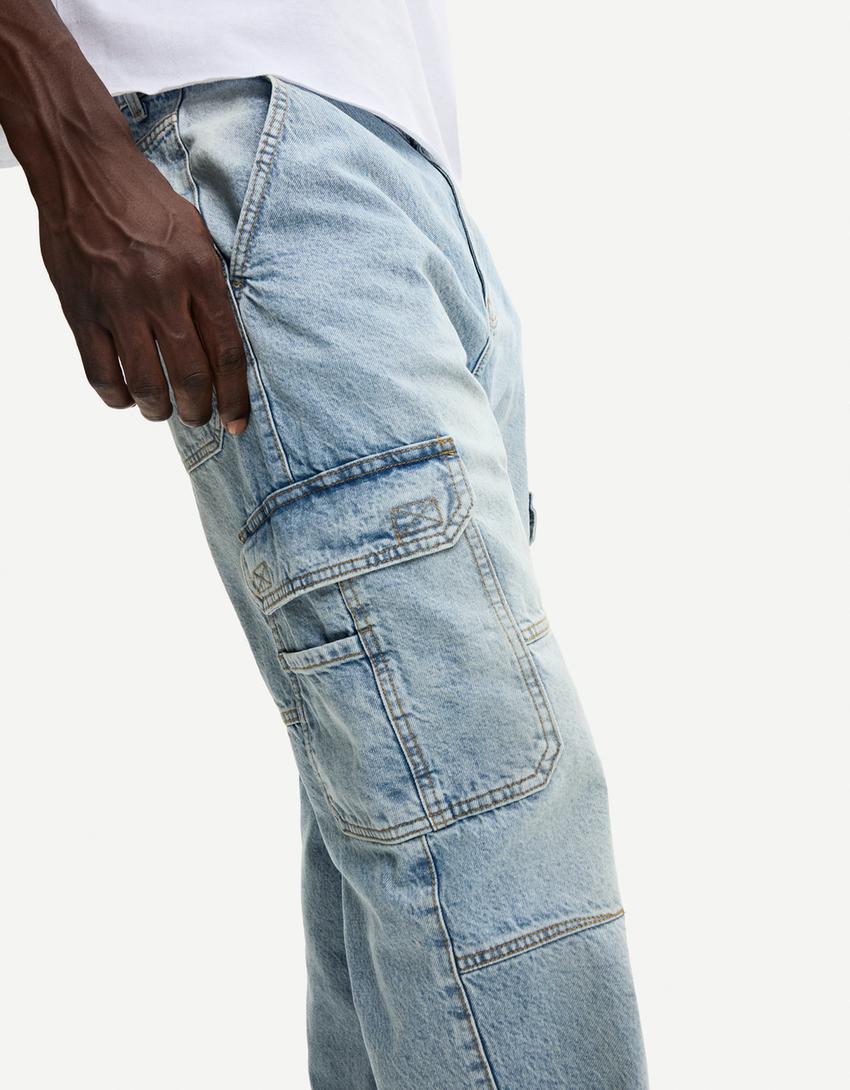 Baggy cargo jeans-Gewassen blauw-2