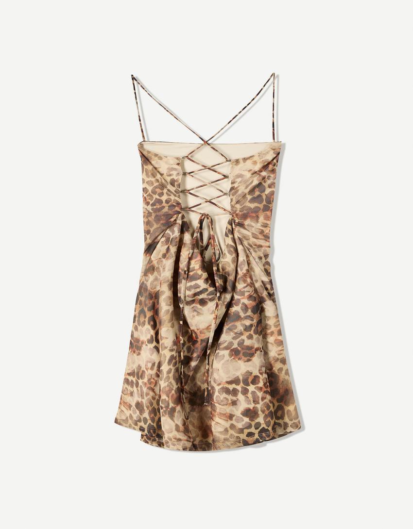Strappy tulle animal print mini dress-Brown-5
