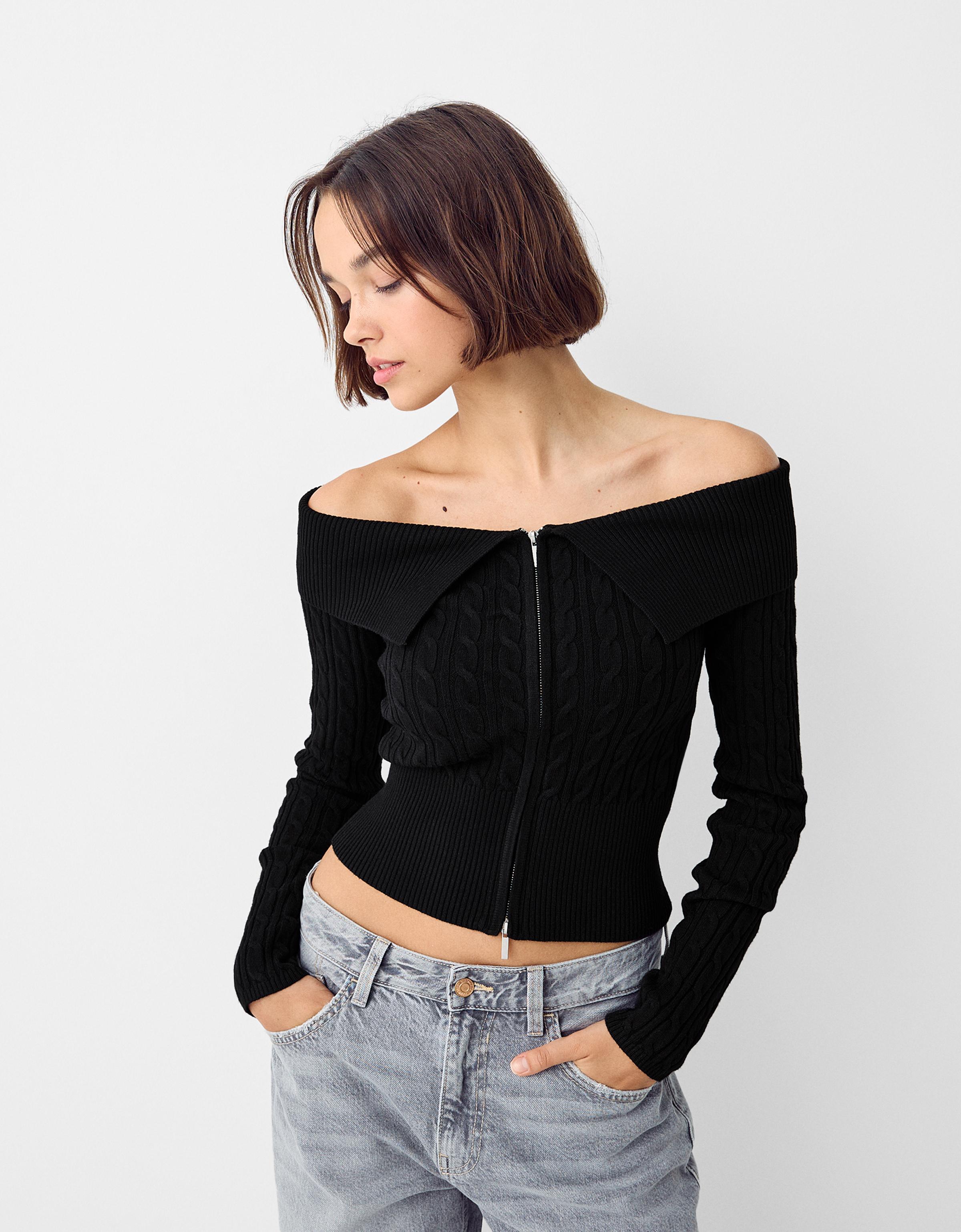 Bershka Geflochtener Cardigan Mit Reißverschluss Und Carmen-Ausschnitt Damen S Schwarz