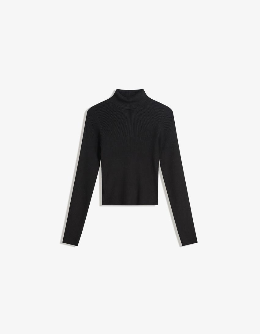 Raised neck ribbed jumper-Black-0
