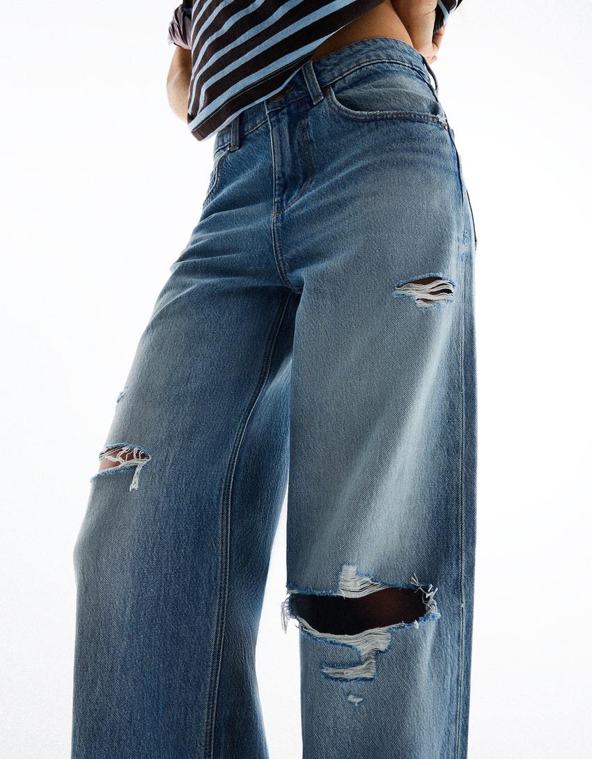 High-waist wide-leg vintage wash jeans-Light blue