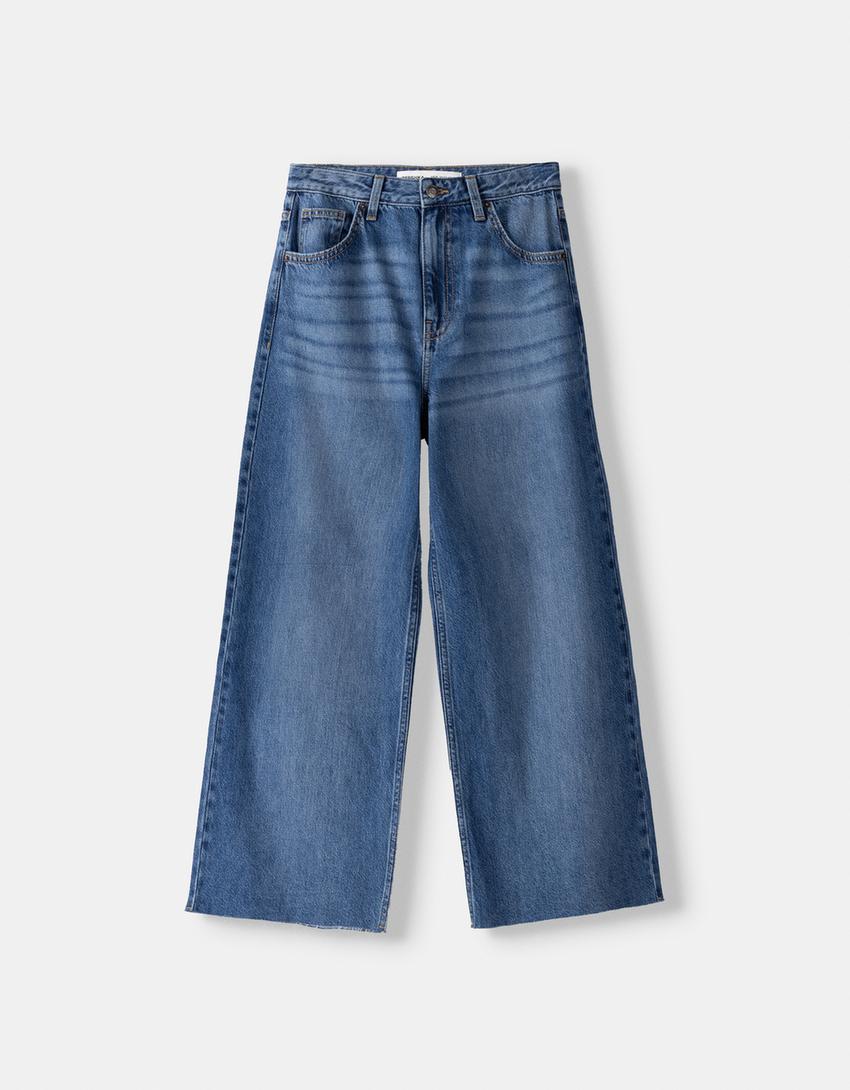 جينز بقصة قصيرة وساق عريضة-أزرق-4