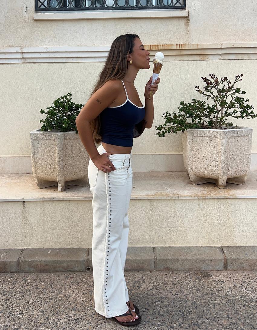 Gerade Hose mit Ösen und ausgefranstem Saum-Weiss-0