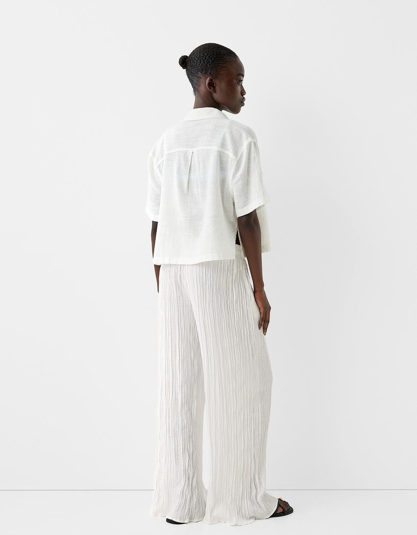 Pantalon wide leg effet froissé-Écru-2