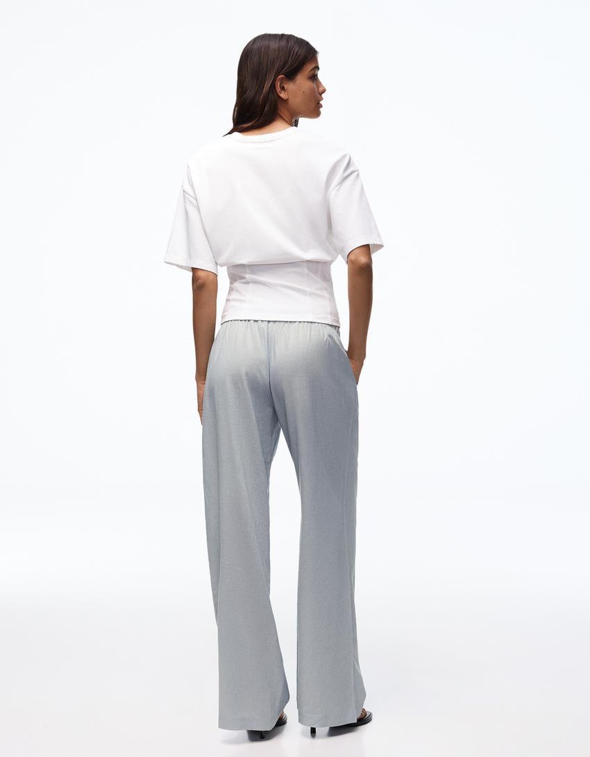Keten görünümlü beli lastikli pantolon-Gri