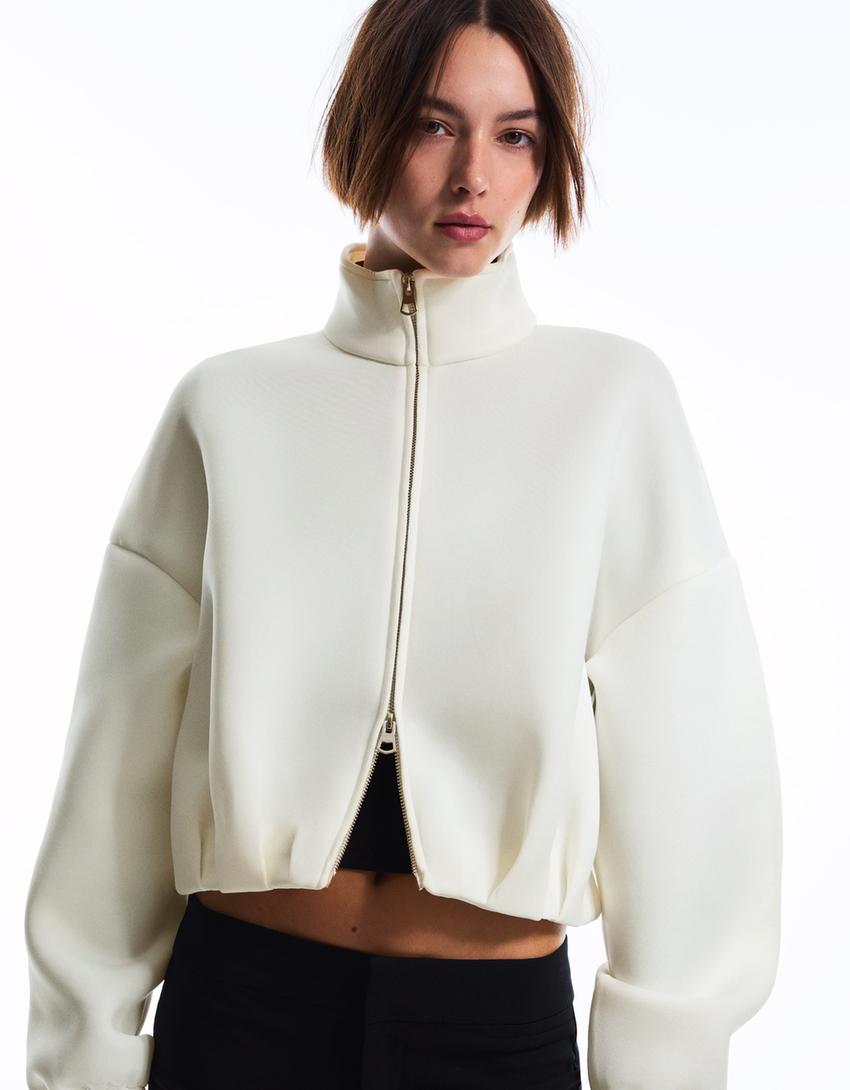 Neoprene effect balloon zip-up sweatshirt-Cream