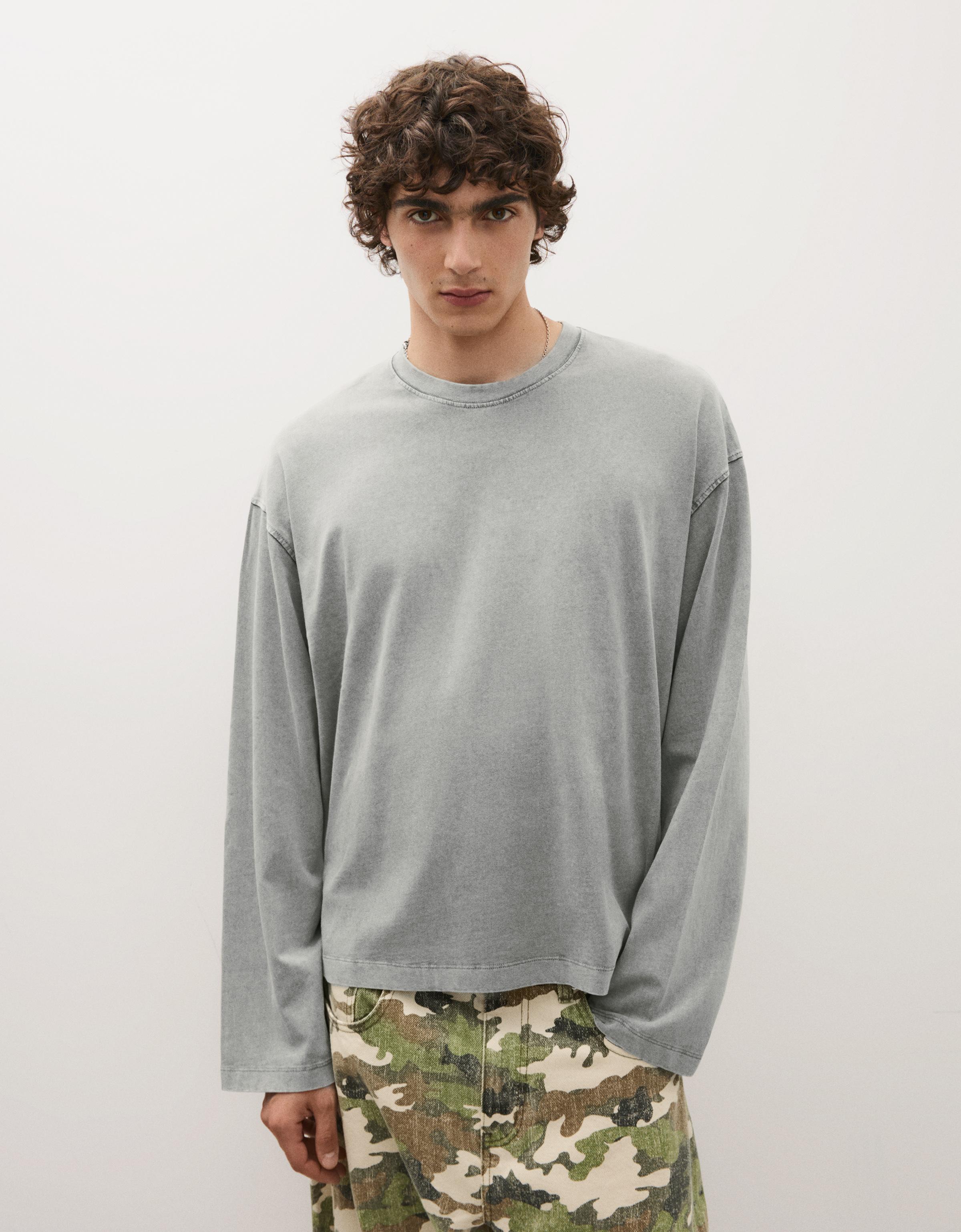 Bershka Camiseta Manga Larga Boxy Hombre L Gris