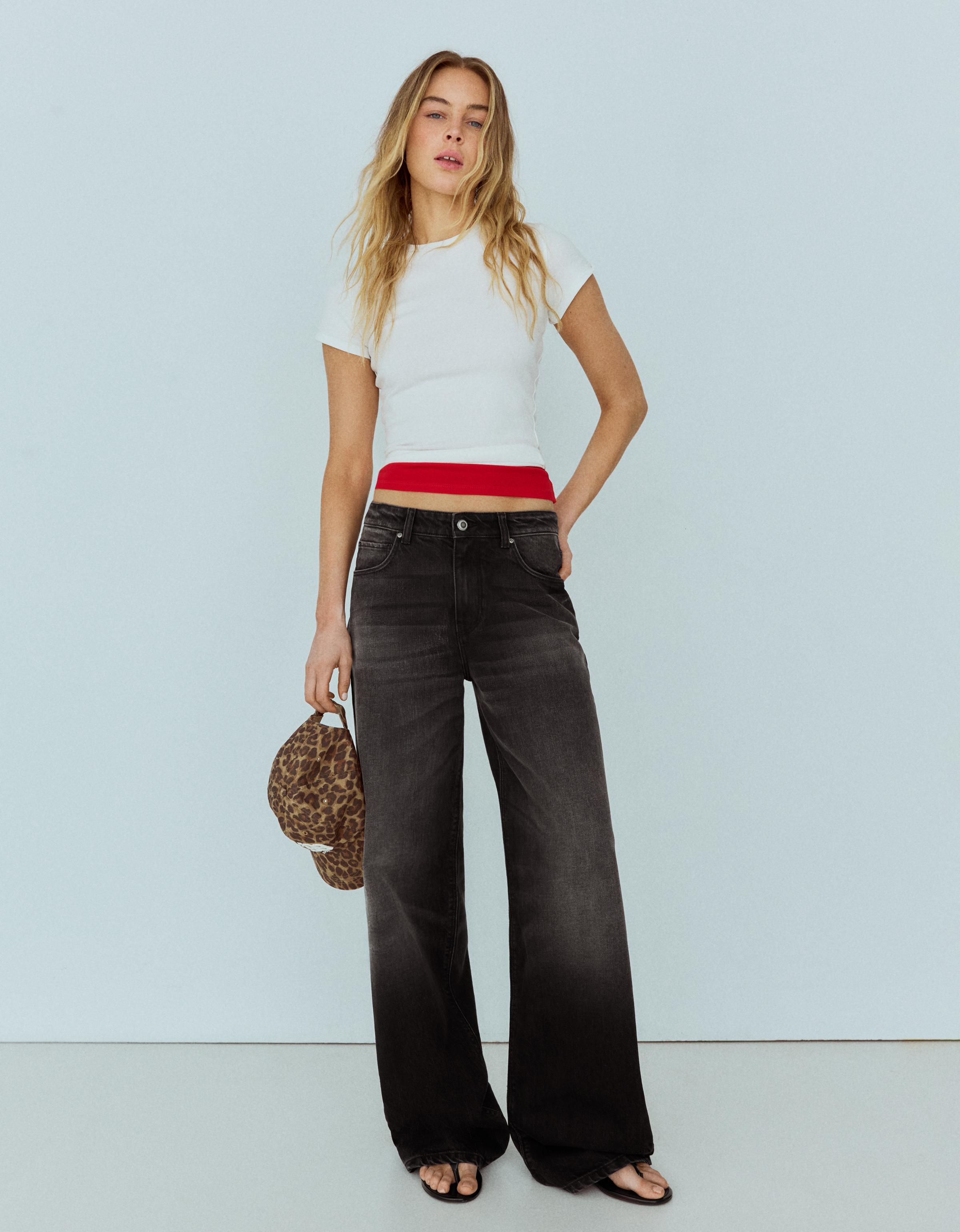 Vintage wash wide-leg high-waist jeans — Black