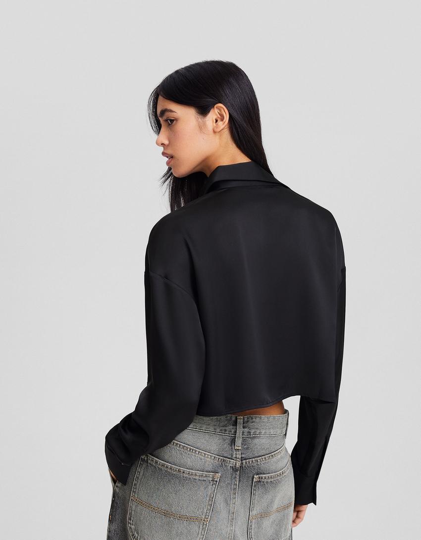 Satin long sleeve cropped shirt-Black-1