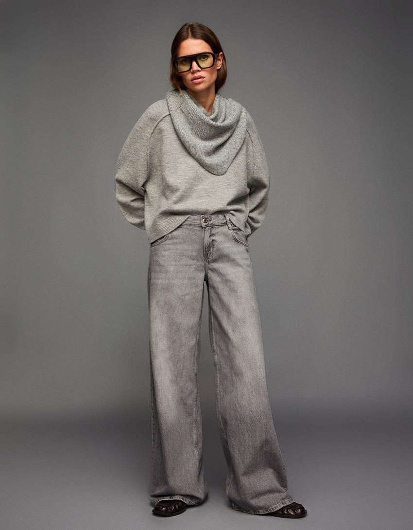 Jeans wide leg taille basse-Gris