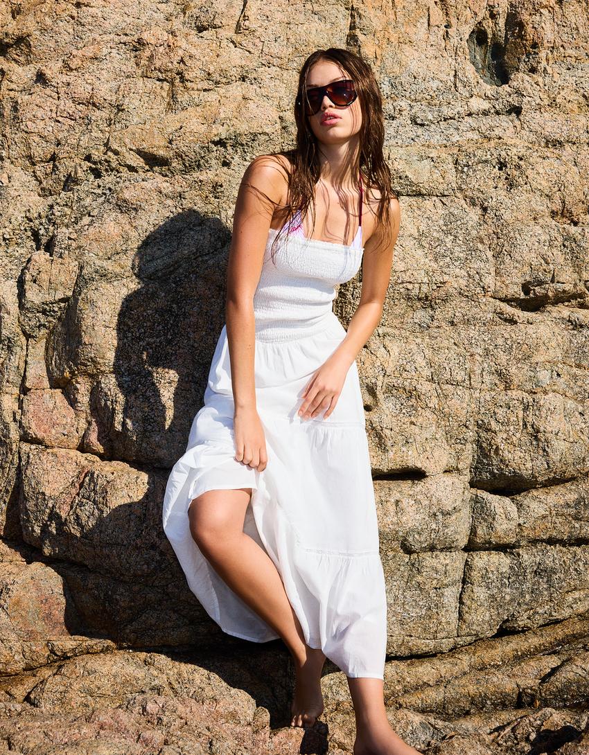 Flared bandeau neckline midi dress-White-1