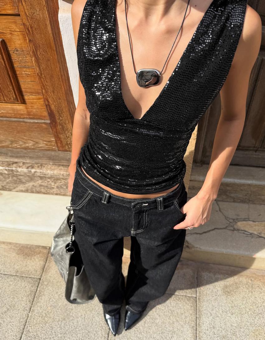 Top aderente arricciato lucido-Nero