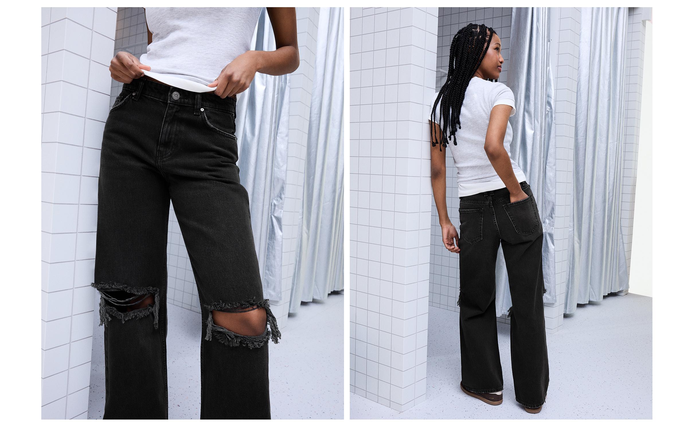 Bershka Yüksek bel distressed geniş paça jean görsel 4