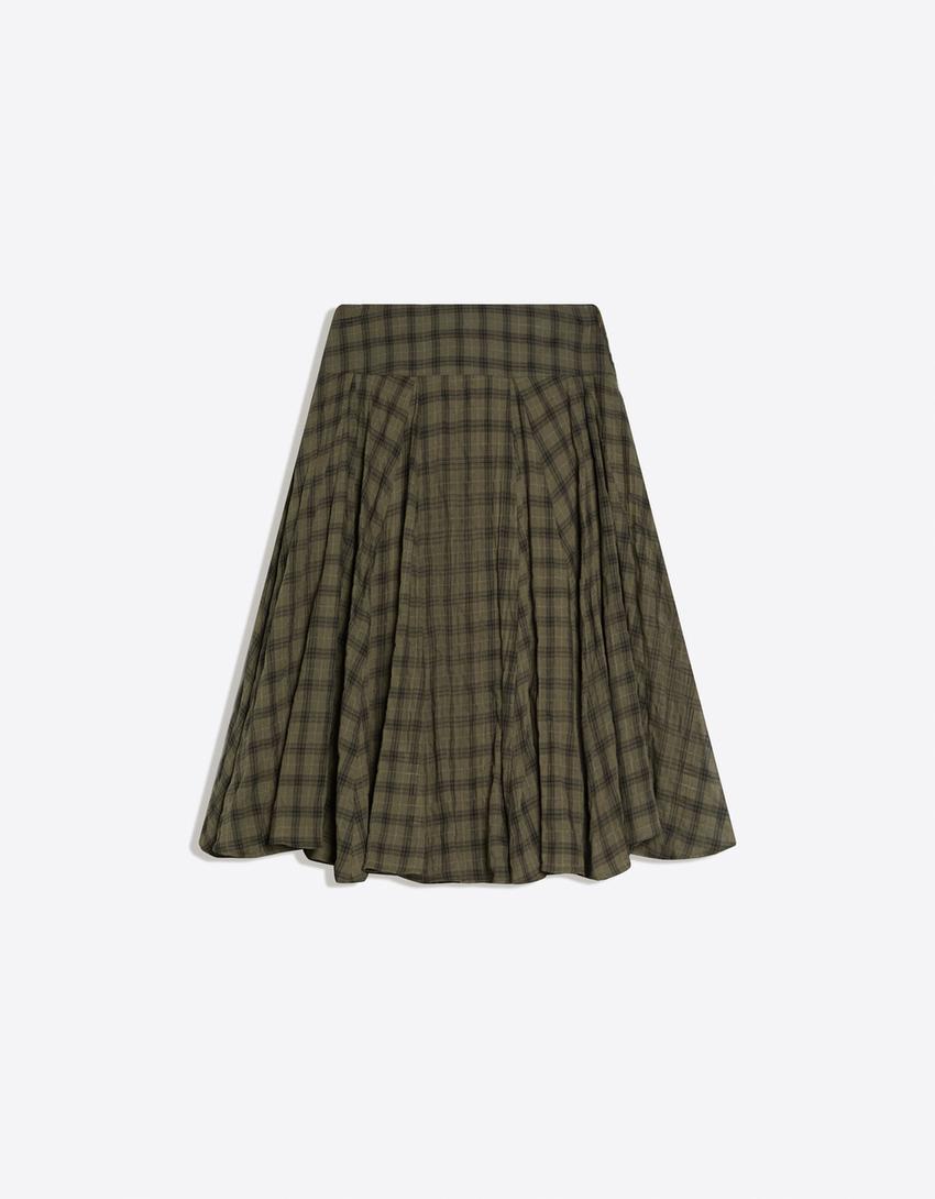 Falda midi volumen cuadros-Kaki