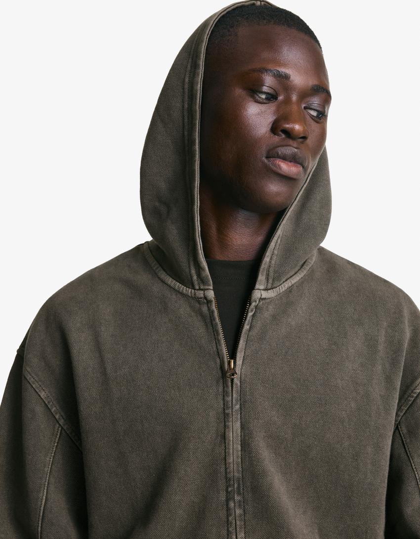 Faded-effect piqué sweatshirt with zip-Grey-2