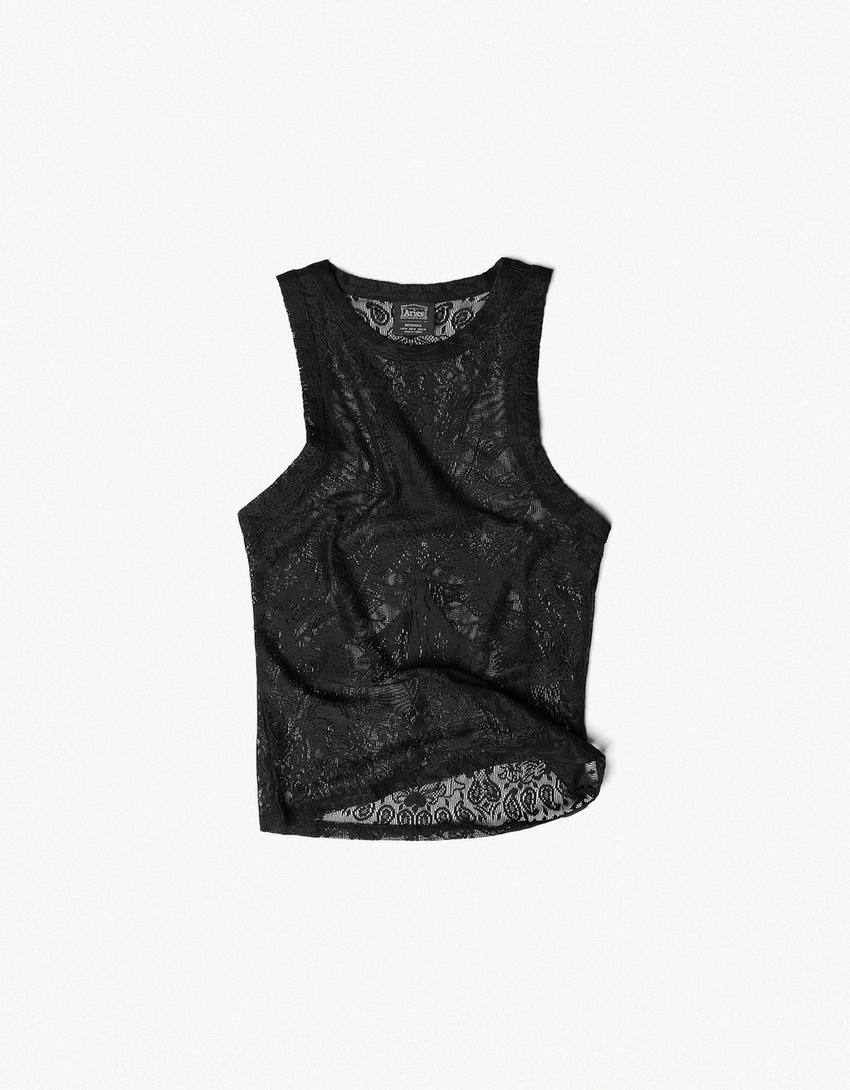 ARIES X BERSHKA dantel detaylı kolsuz top-Siyah