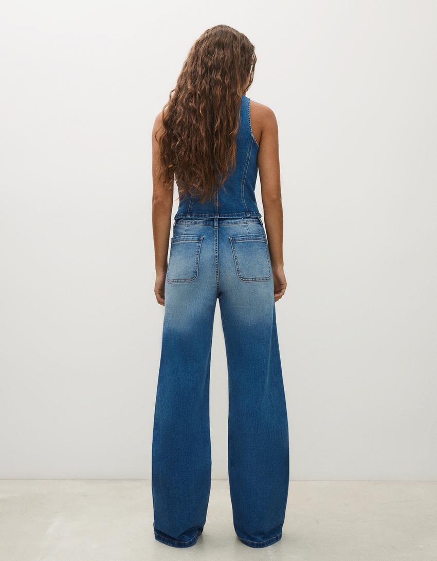 Wide-leg jeans with button detail-Light blue