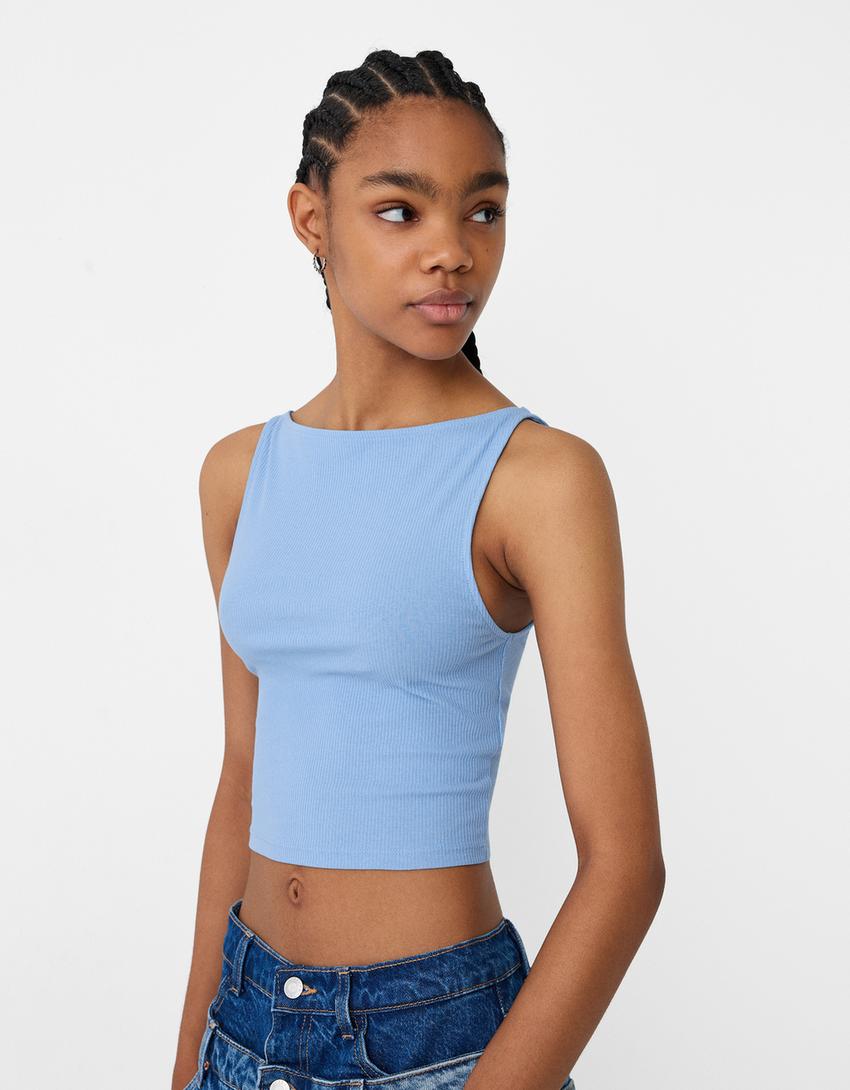 Sleeveless ribbed T-shirt-Light blue-2