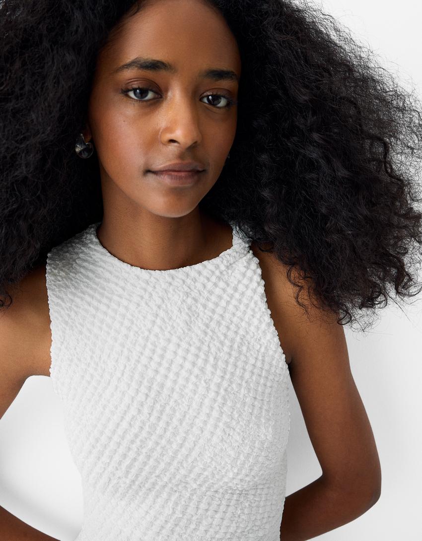 Robe midi sans manches mousseline froncée-Blanc cassé-1