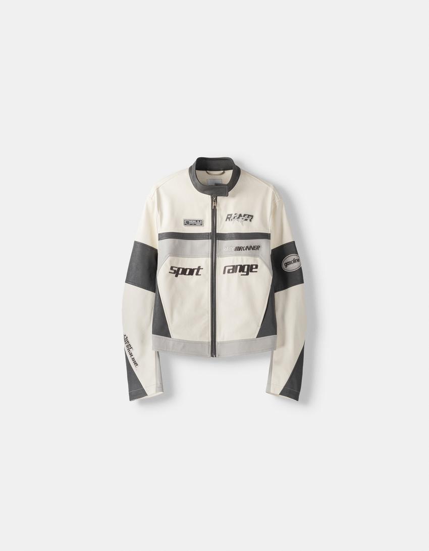 Leather effect embroidered racing jacket-Grey