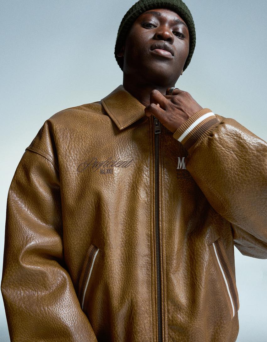 Leather effect embroidered jacket-Camel