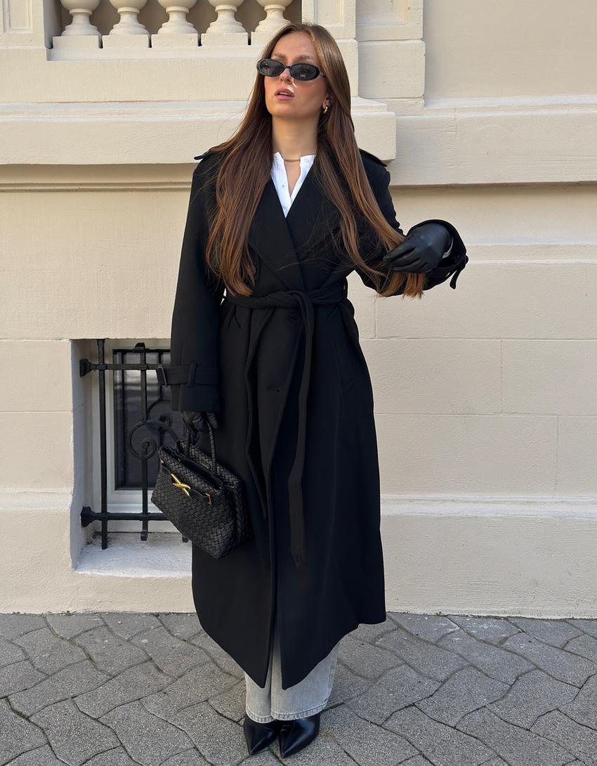 Oversize wool blend coat with belt-Black