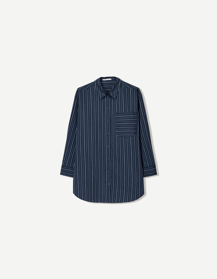 Camicia extra lunga a righe-Blu-3