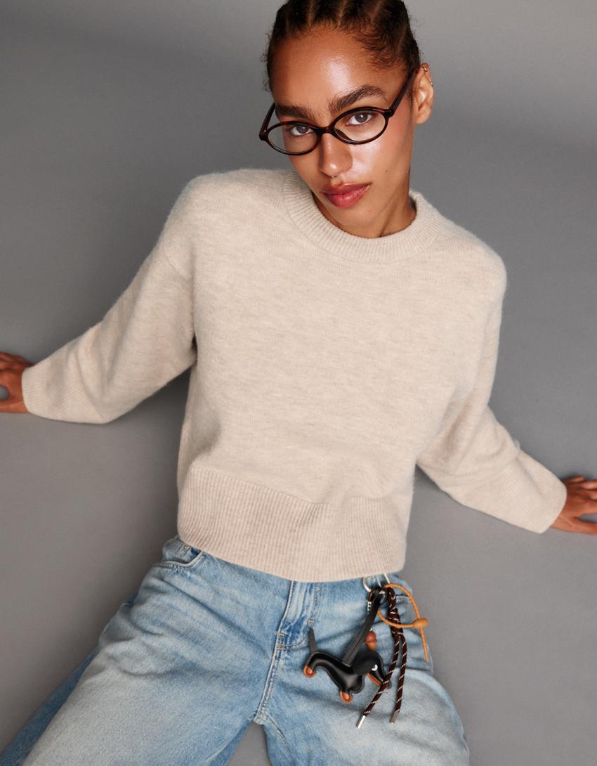 Oversize sweater with ribbed hem-Sand