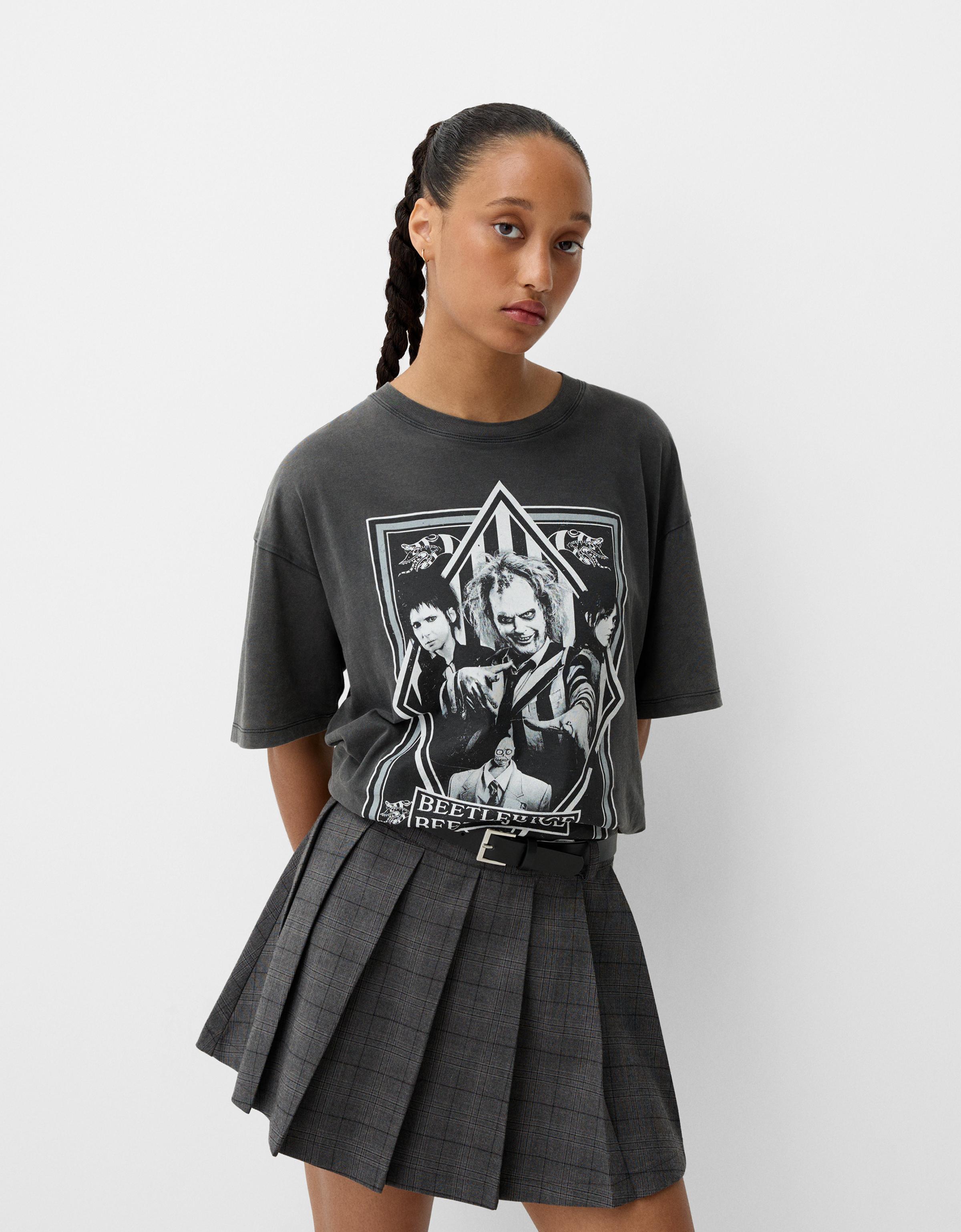 Bershka T-Shirt Beershka X Beetlejuice Mit Print Damen L Grau