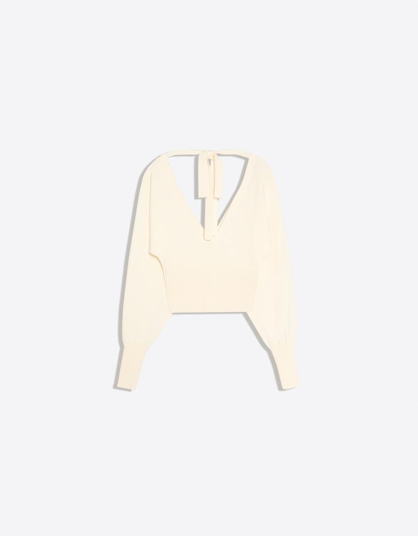 V-neck jumper with tie detail-Cream