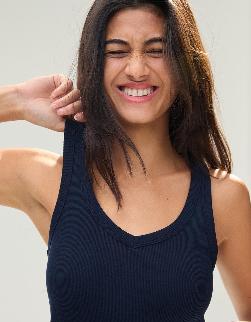 Basic ribbed strappy T-shirt-Navy