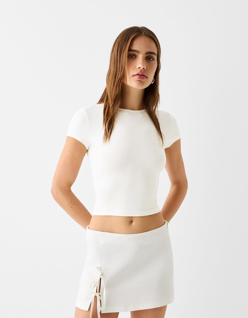 Mini skirt with linen and ties-Cream-1