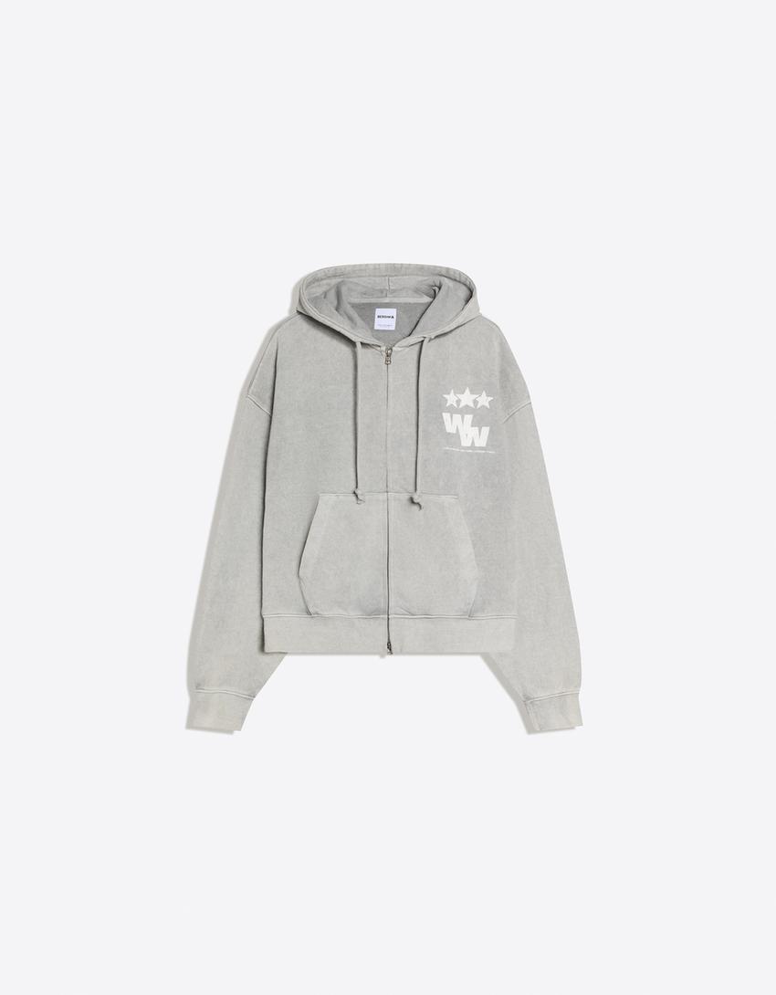 Boxy fit zip-up sweatshirt with print-Stone