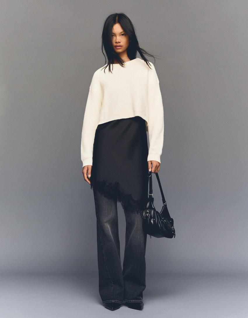 Cropped faux fur jumper-Cream