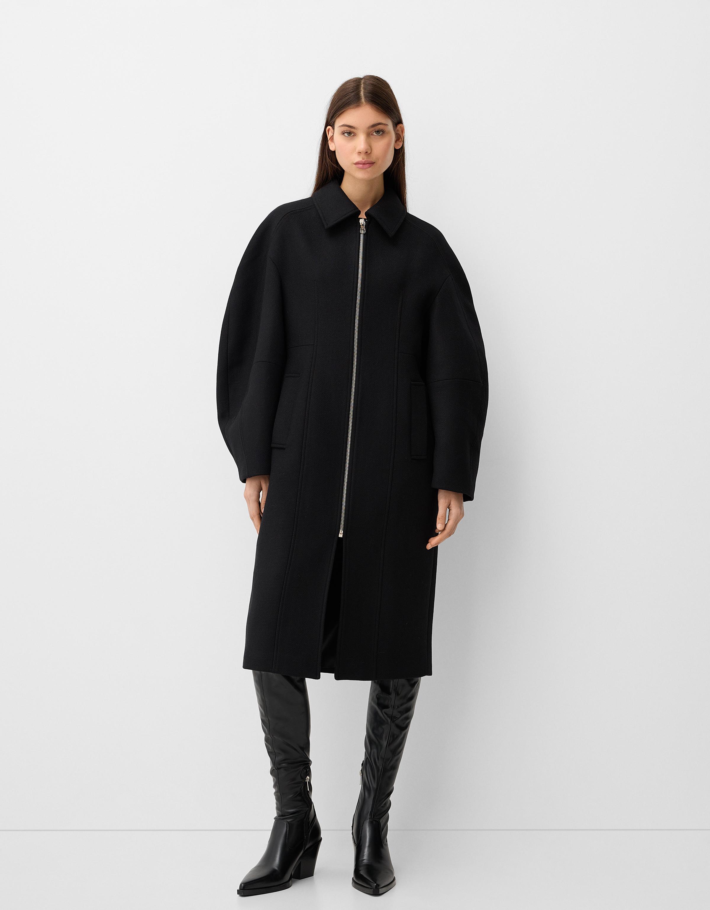 Bershka Langer Mantel Mit Manteco-Wolle Und Puffärmeln Damen M-L Schwarz