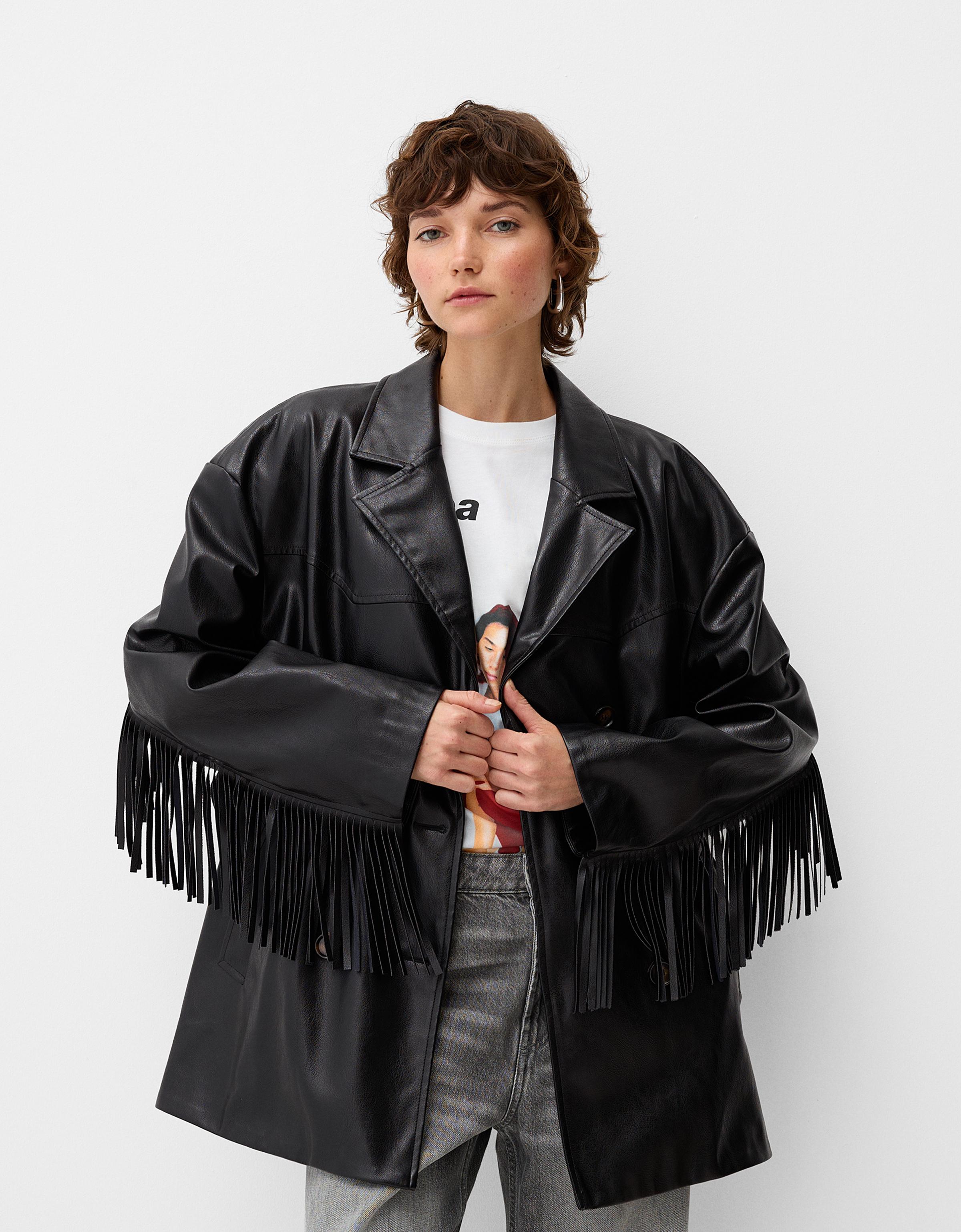 Manteau trench 3 4 similicuir franges Femme Bershka