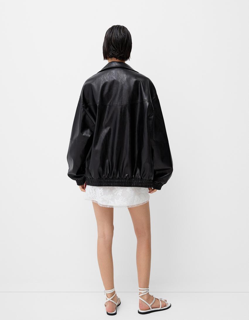 Oversize suni deri ceket-Siyah-1