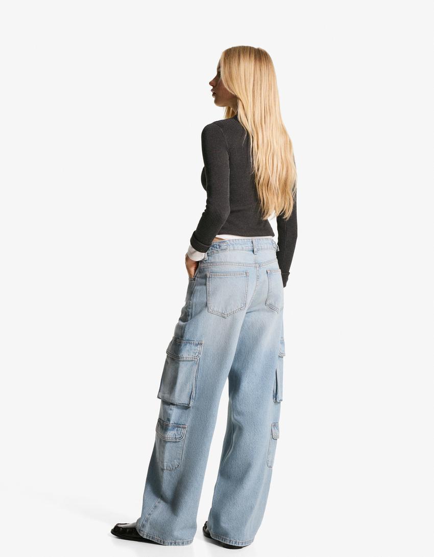 Jeans wide leg cargo-Azul claro