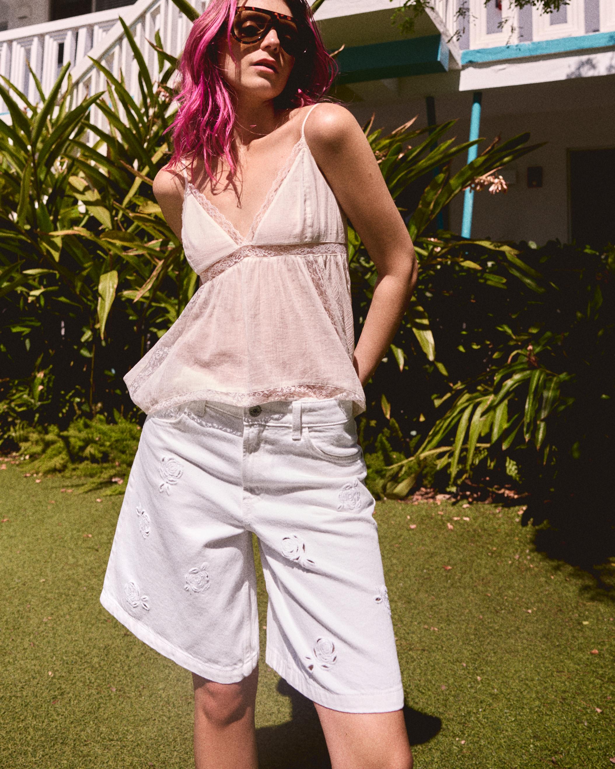 Bershka Bermuda Denim Baggy Bordados Mujer Crudo