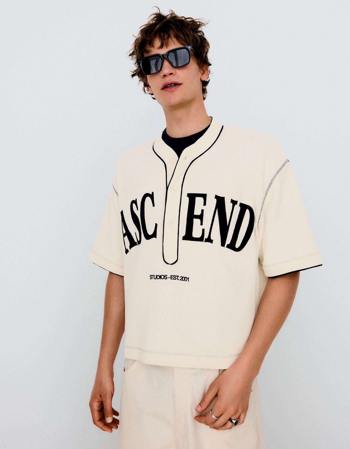 Bershka Maglietta Baseball Stampa Waffle Uomo Xs Bianco Roto