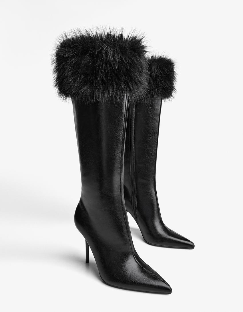 Bottes à talon détail fourrure-Noir