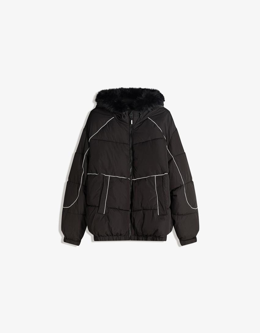 Funktionsjacke mit Kapuze und Kunstfell-Schwarz