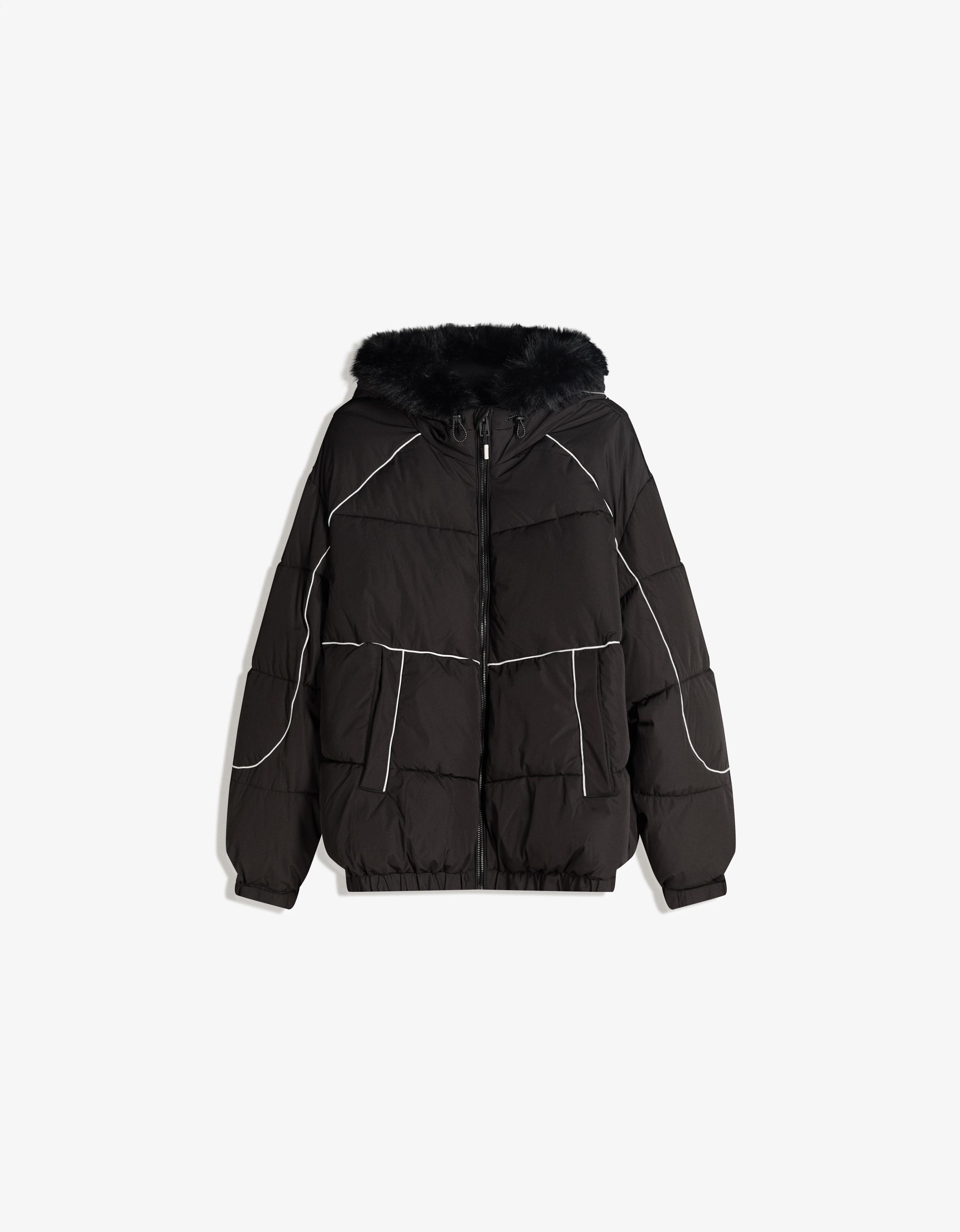 Bershka Funktionsjacke Mit Kapuze Und Kunstfell Herren L Schwarz