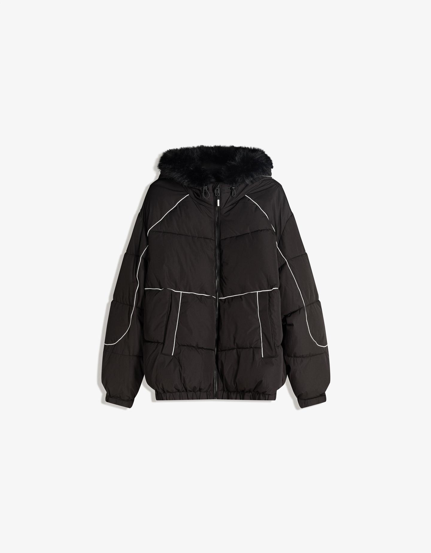 Bershka Giubbotto Tecnico Con Cappuccio In Pelliccia Sintetica Uomo L Nero
